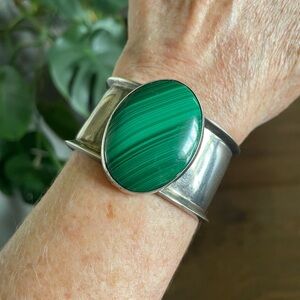 Vintage sterling silver and Malachite cuff bracelet, Navajo stamped initials RBJ